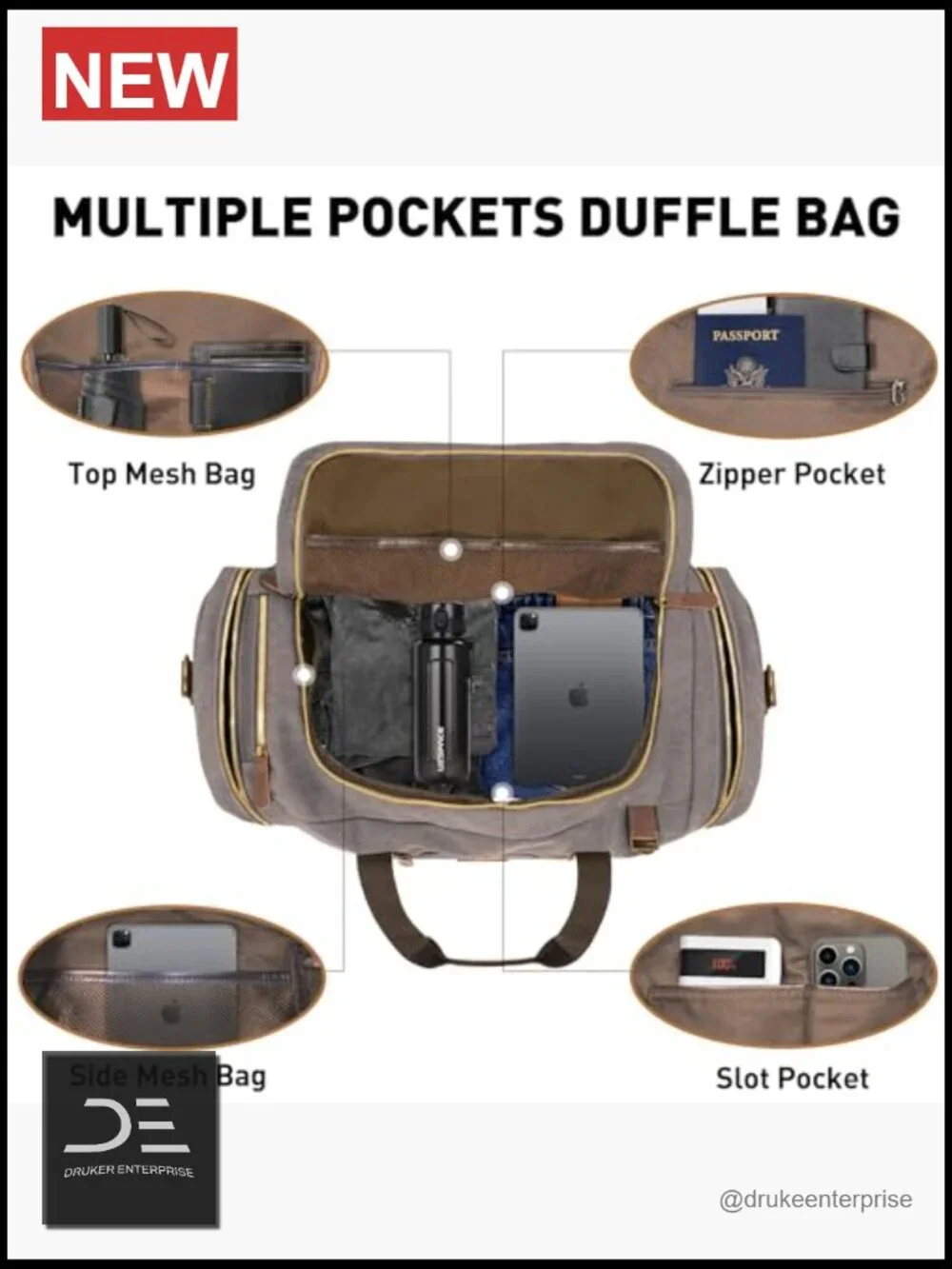 Vintage Canvas Duffle Bag 50L Genuine Leather Travel Duffel Backpack Weekender